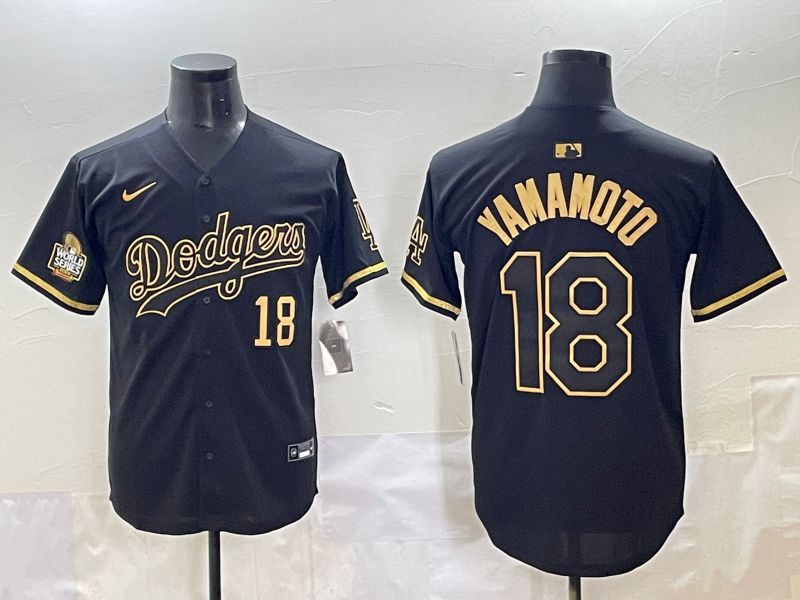 Men 2025 Los Angeles Dodgers #18 Yamamoto Black Gold Five generations Nike MLB Jersey style 9